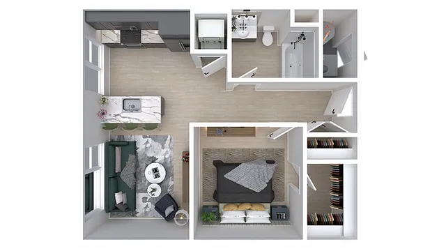 Chic apartment floor plan featuring an open kitchen, inviting living area, spacious bedroom, and modern bathroom.