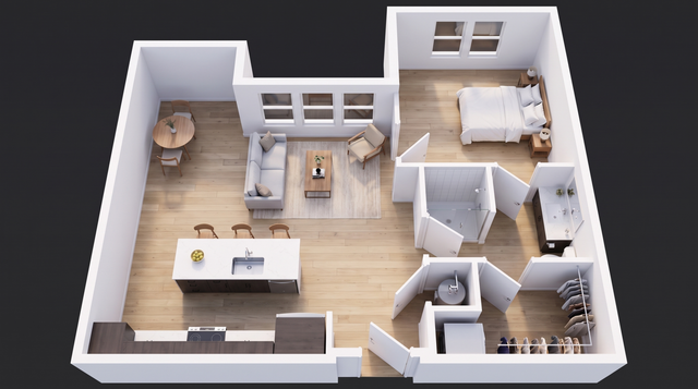 WonderBlock 3D Floor Plan Image - Junction - One Bedroom, One Bathroom, 843 sqft.