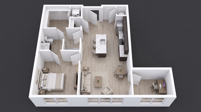 WonderBlock 3D Floor Plan Image- Timber - One Bedroom, One Bathroom plus den, 886 sqft.