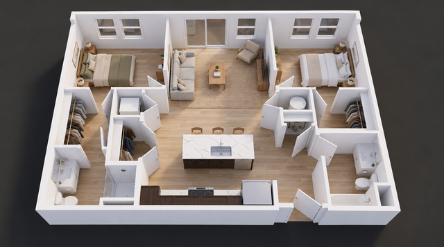 WonderBlock 3D Floor Plan Image - Ace - Two Bedroom, Two Bathroom, 1,156 sqft.