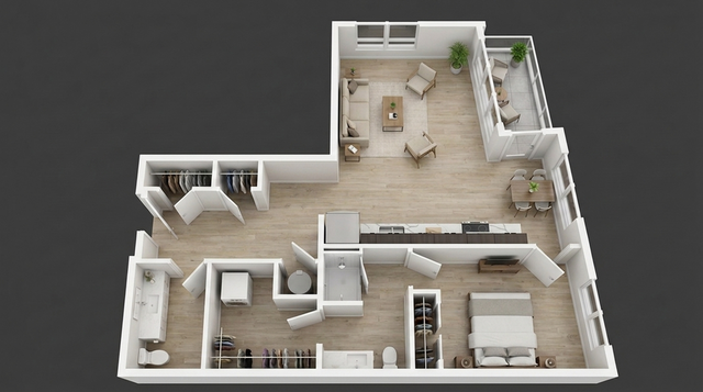 WonderBlock 3D Floor Plan Image - Wildcard - One Bedroom, Two Bathroom, 963 sqft