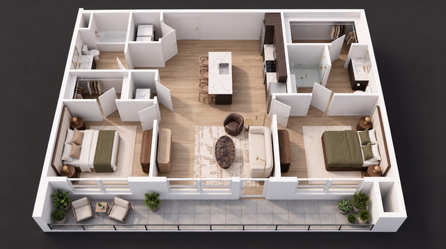 WonderBlock 3D Floor Plan Image - Prospect - Two Bedroom, Two Bathroom, 990 sqft.