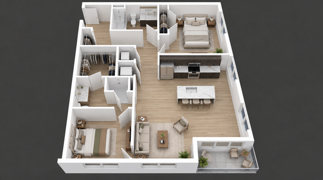 WonderBlock 3D Floor Plan Image - Spade - Two Bedroom, Two Bathroom, 1,197 sqft