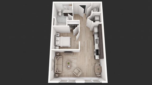 WonderBlock 3D Floor Plan Image - Gold - One Bedroom, One Bathroom Studio, 578 sqft.