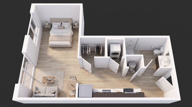 WonderBlock 3D Floor Plan Image - Copper - One Bedroom, One Bathroom Studio, 565 sqft