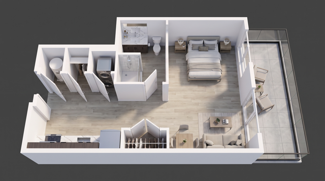 WonderBlock 3D Floor Plan Image - Silver - One Bedroom, One Bathroom Studio, 619 sqft.