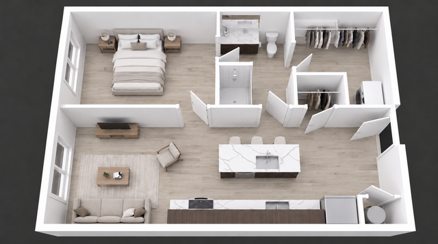 WonderBlock 3D Floor Plan Image - Iron - One Bedroom, One Bathroom Apartments, 771 sqft.