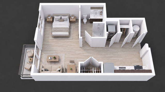 WonderBlock 3D Floor Plan Image - Coin - One Bedroom, One Bathroom Studio, 619 sqft.