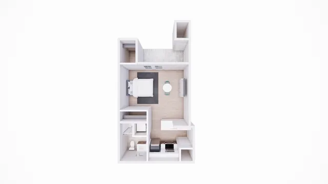 Modern studio apartment floor plan with a cozy bedroom, compact kitchen, and sleek bathroom layout.