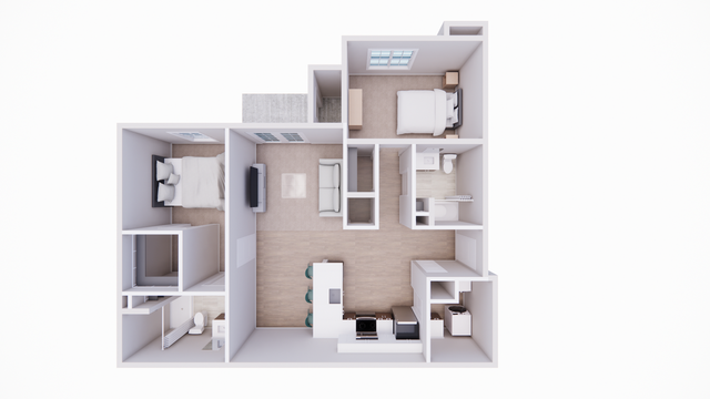 Elegant 2D floor plan showcasing 2 bedrooms, a sleek open living area, and a modern kitchen with a breakfast bar.