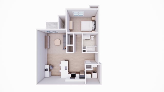 Modern 3D floor plan featuring a cozy bedroom, spacious open-concept living and dining area, and a fully-equipped kitchen.