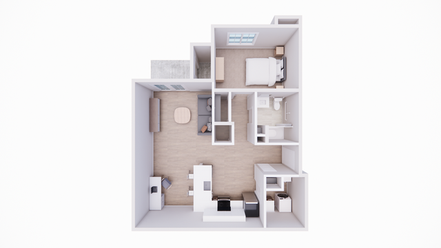 Modern 1-bedroom apartment floor plan with a cozy living area, sleek kitchen, and stylish bathroom.