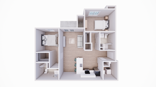 Modern 3D floor plan showcasing 2 spacious bedrooms, stylish open-concept living area, sleek kitchen with breakfast bar, and well-appointed bathroom.
