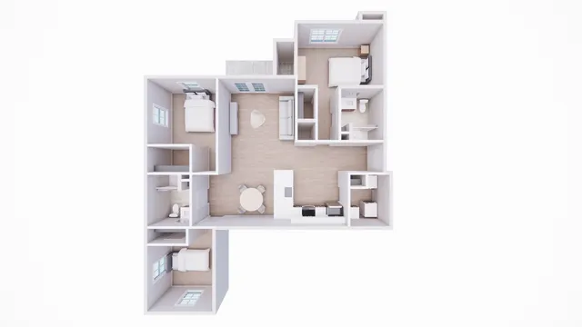 Modern 3D floor plan showcasing 2 bedrooms, an inviting open-concept living area, and a sleek kitchen.