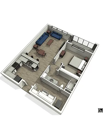 Modern 3D floor plan showcasing an open-concept living area with a spacious kitchen, cozy living room, and elegant bedroom with an en-suite bathroom.