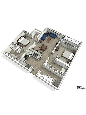 Modern 3D floor plan showcasing a stylish two-bedroom apartment with open-plan living, dining, and kitchen areas, ideal for contemporary living.