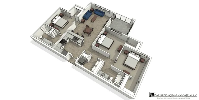 Spacious 3D floor plan showcasing 3 chic bedrooms, an elegant open-concept living area, and a sleek modern kitchen with island seating.