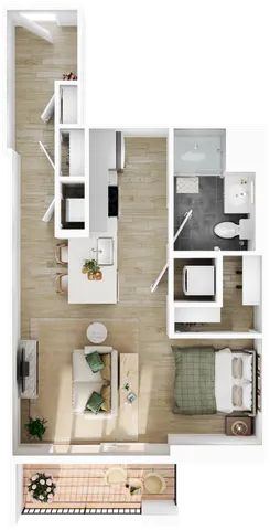 Efficient open-plan apartment with one bedroom, kitchen island, inviting living room, and private balcony.