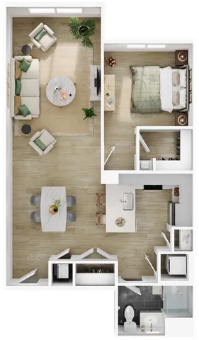 Contemporary floor plan with one bedroom, open living area, modern kitchen, and bathroom.