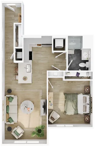 Elegant 3D floor plan depicting a one-bedroom apartment with open living area and modern kitchen.