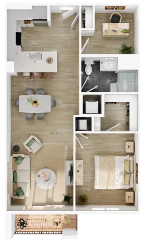 Detailed floor plan showcasing a modern 1-bedroom apartment with open-plan kitchen and living area and balcony.