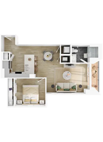 Impressive 3D floor plan featuring one bedroom, an open living area, a modern kitchen with island seating, and a chic bathroom.