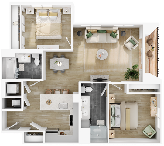 Modern apartment floor plan featuring 2 bedrooms, open living area, and balcony.