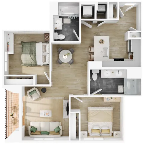 Chic floor plan featuring two bedrooms, a cozy living area, modern kitchen, and two bathrooms.