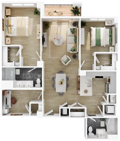 Chic 3D floor plan with 2 bedrooms, open living area, modern kitchen, and two bathrooms.