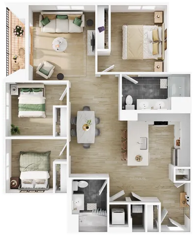 Sophisticated floor plan illustrating 3 bedrooms, open-concept living and dining area, and gourmet kitchen.