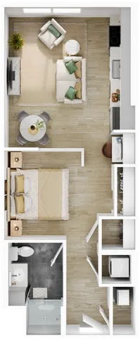 Modern studio apartment floor plan featuring an open living area, cozy bedroom space, sleek kitchen, and a compact bathroom.