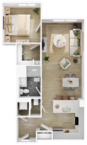Modern floor plan featuring a spacious bedroom, open living and dining area, and a well-equipped kitchen.