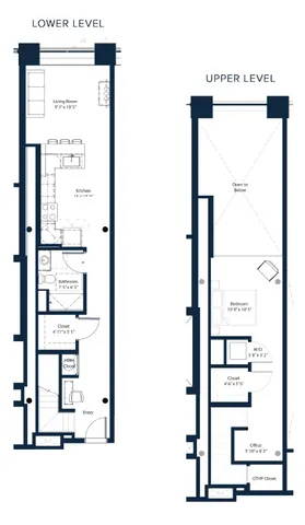 Elegant two-level floor plan showcasing a modern kitchen, spacious living room, bathroom, and versatile office space on the upper level with a cozy bedroom and convenient laundry area.
