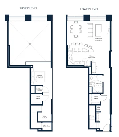 Chic multi-level floor plan featuring one bedroom, an office, spacious living room, and modern kitchen layout. Ideal for elegant city living.