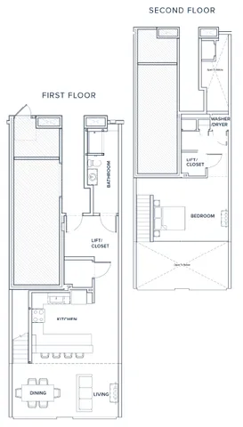 Modern two-story floor plan featuring a spacious living and dining area, sleek kitchen, convenient bathroom, and cozy bedroom with washer and dryer on the second floor.