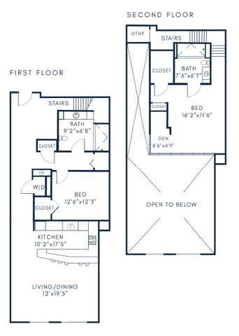 Elegant two-story floor plan showcasing two bedrooms, open living/dining space, and modern kitchen with generous layout.