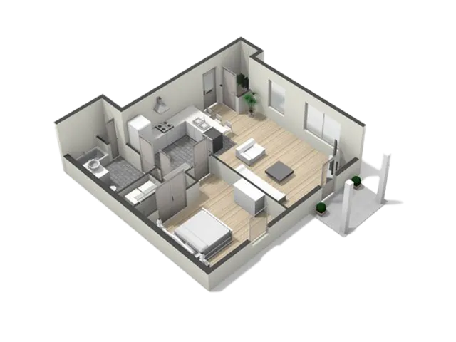 Modern 3D floor plan featuring a cozy bedroom, sleek kitchen, stylish living area, and contemporary bathroom layout with balcony view.