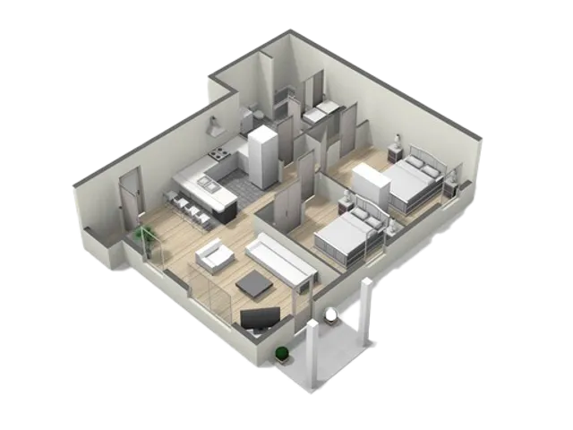 Modern 3D floor plan showcasing 2 bedrooms, a sleek open-concept kitchen, and a cozy living area with elegant furnishings.