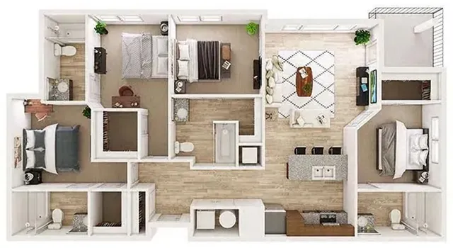Elegant and spacious floor plan featuring 3 bedrooms, 2 bathrooms, a modern open-concept kitchen, and a cozy living room with abundant natural light.