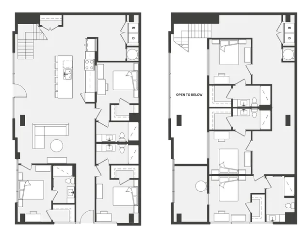 Contemporary dual-level floor plan showcasing 4 bedrooms, expansive living area, and sleek modern kitchen with island.