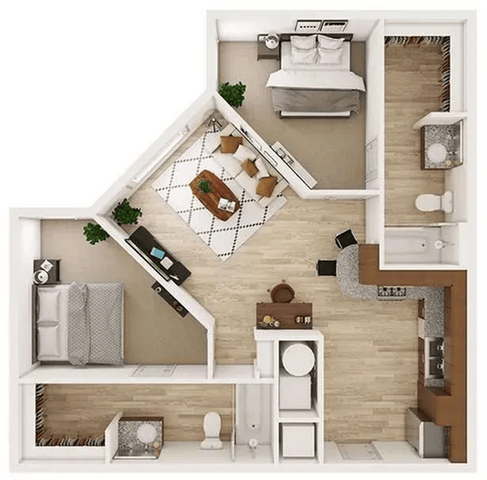 Modern and efficient floor plan showcasing 2 bedrooms, a cozy living area, and an elegant kitchen with sleek countertops.