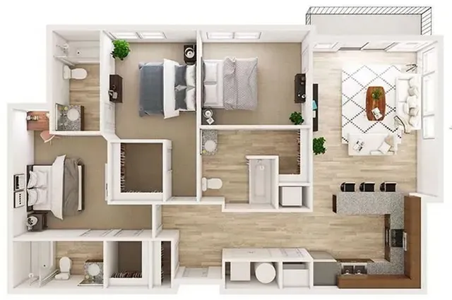 Modern floor plan showcasing 3 bedrooms, sleek kitchen with island, and cozy living room with natural light.