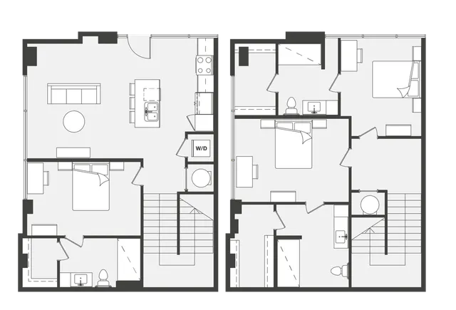 Modern two-story floor plan featuring three bedrooms, a spacious open-concept living area with kitchen, and convenient laundry space.