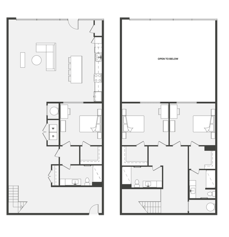 Chic duplex floor plan featuring four spacious bedrooms, open-concept living area, and modern kitchen with dining space.