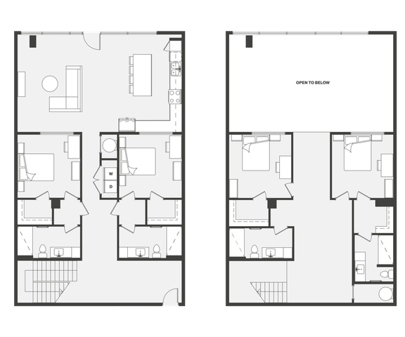 Modern two-story floor plan featuring 4 bedrooms, open-concept living and dining area, sleek kitchen, and upper level open space.