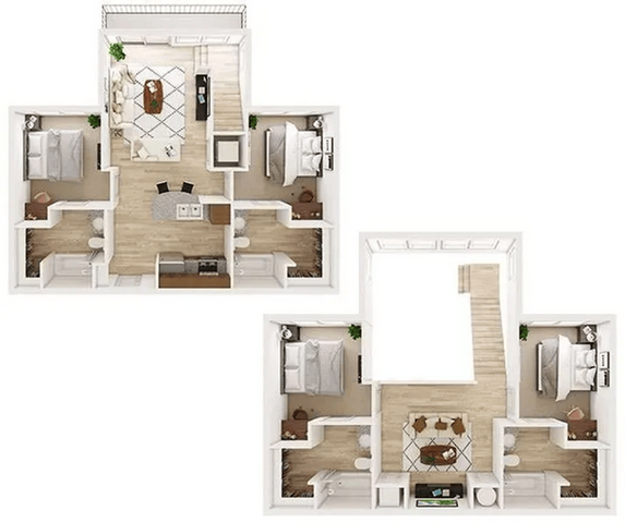 Elegant two-story floor plan showcasing an upper level with two bedrooms, a refined living area, and a modern kitchen, complemented by a lower level featuring two additional bedrooms and a cozy lounge.