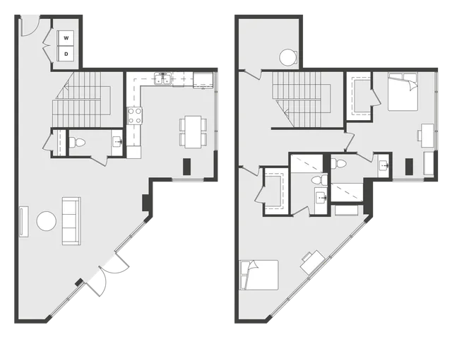 Modern two-story loft floor plan with open-concept living area, sleek kitchen, two spacious bedrooms, and two bathrooms.