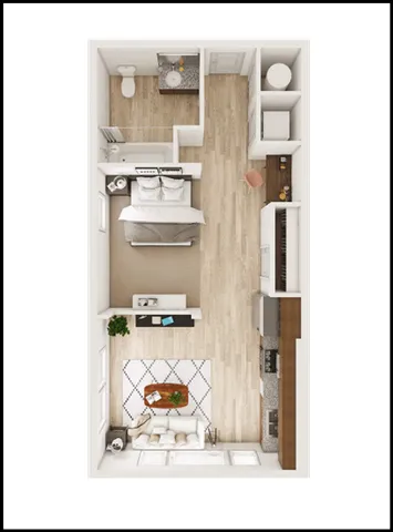 Modern studio apartment floor plan with an open-concept living area, elegant kitchen