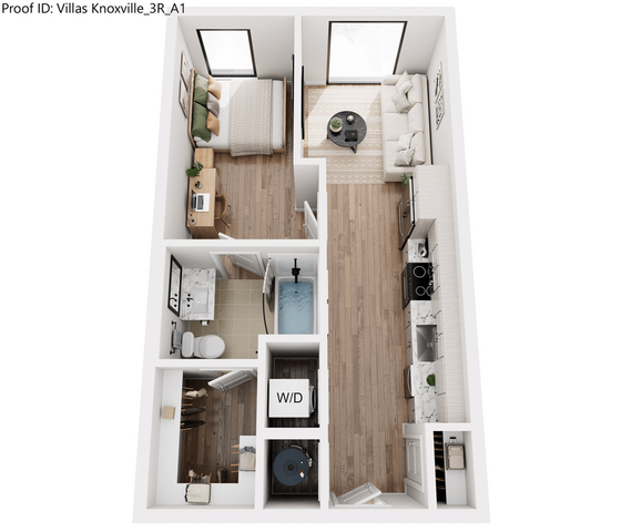 Modern 3D floor plan of Villas Knoxville featuring 1 spacious bedroom, a cozy living area, a sleek kitchen, and a well-appointed bathroom.