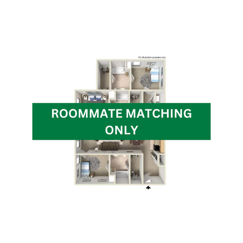 Spacious floor plan ideal for roommate matching, featuring multiple bedrooms with ensuite bathrooms, a stylish living area, and a modern kitchen.